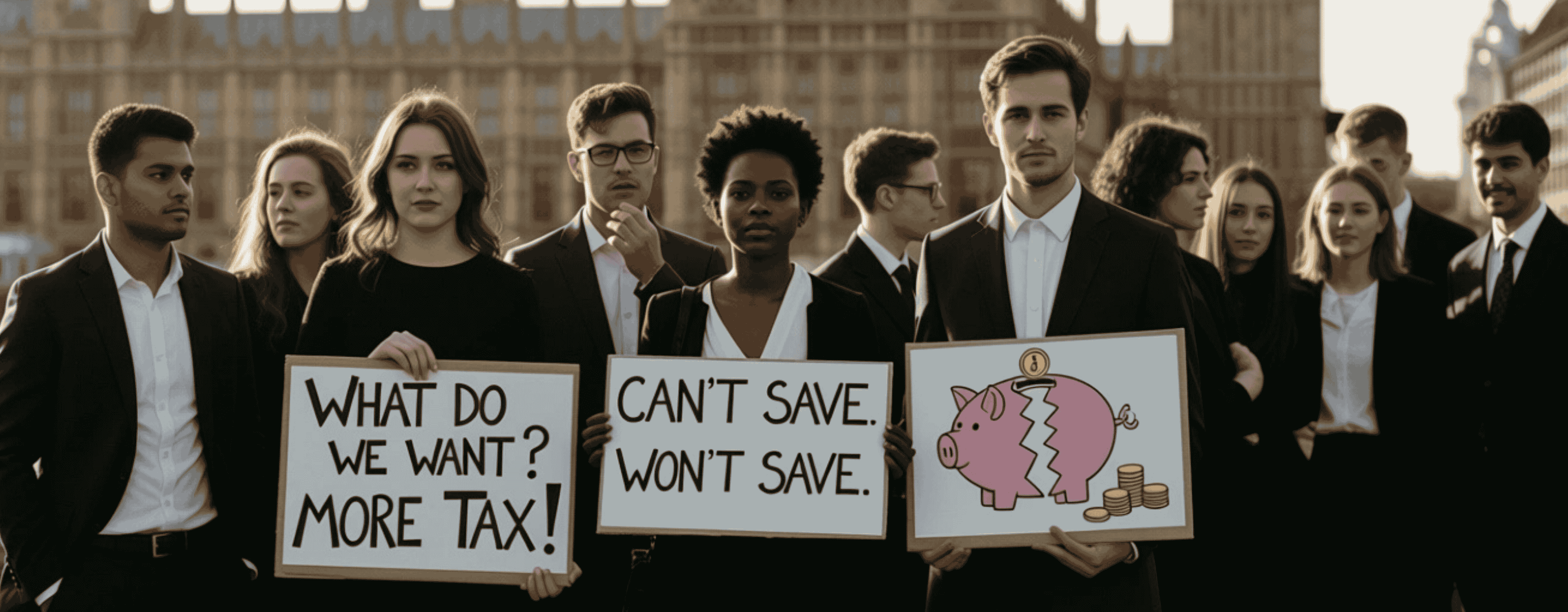 Graduates standing together with placards in response to recent Budget announcements. (AI generated)